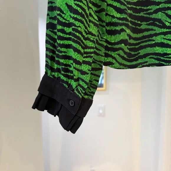 KENZO x H&M Green Tiger Print Silk Ruffle Collar Long Sleeve Button Up Blouse 2 - Picture 14 of 16